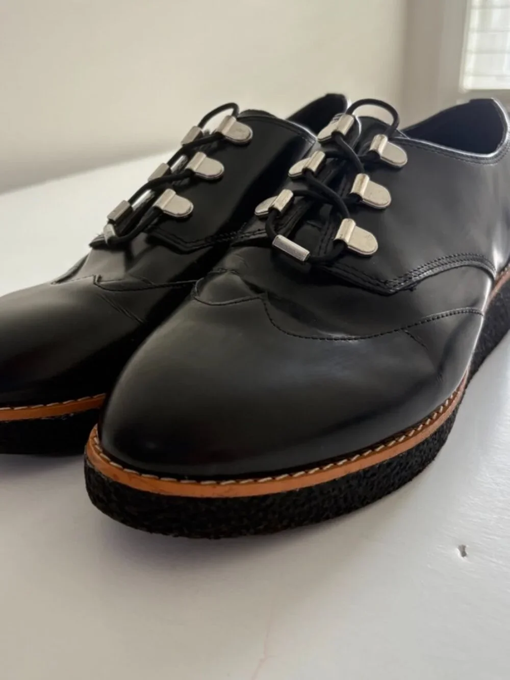 Women's Rebecca Minkoff Polly Platform Oxfords Black Leather Silver Clasps 9